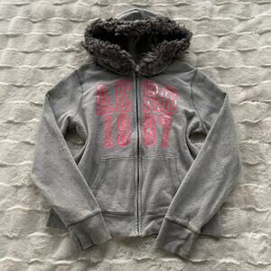 🔥Aeropostale Y2K Faux Fur Hood Sequins Spell Out Full Zip Gray Sweatshirt Sz XL